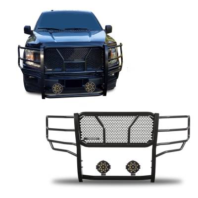 RUGGED Heavy Duty Grille Guard With Set of 7.0" Black Trim Rings LED Flood Lights-Black-2015-2020 Ford F-150|Black Horse Off Road