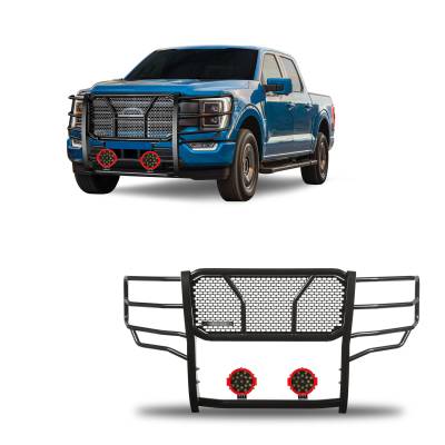 RUGGED Heavy Duty Grille Guard With Set of 7.0" Red Trim Rings LED Flood Lights-Black-2021-2024 Ford F-150|Black Horse Off Road