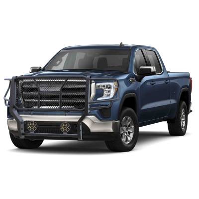 Black Horse Off Road - RUGGED Heavy Duty Grille Guard With Set of 7.0" Black Trim Rings LED Flood Lights-Black-Sierra 2500 HD/Sierra 3500 HD|Black Horse Off Road - Image 2