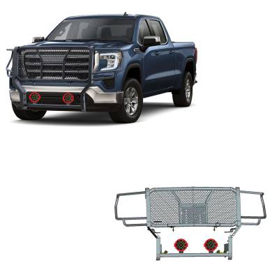 RUGGED Heavy Duty Grille Guard With Set of 7.0" Red Trim Rings LED Flood Lights-Black-Sierra 2500 HD/Sierra 3500 HD|Black Horse Off Road