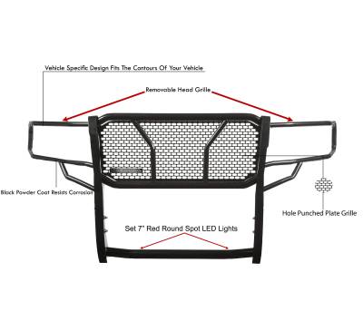 Black Horse Off Road - RUGGED Heavy Duty Grille Guard With Set of 7.0" Red Trim Rings LED Flood Lights-Black-Sierra 2500 HD/Sierra 3500 HD|Black Horse Off Road - Image 5