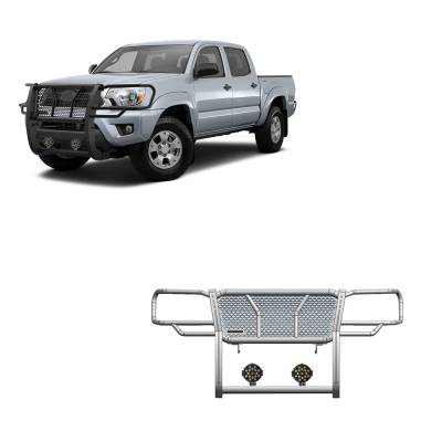 RUGGED Heavy Duty Grille Guard With Set of 7.0" Black Trim Rings LED Flood Lights-Black-2005-2015 Toyota Tacoma|Black Horse Off Road