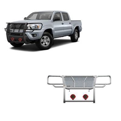 RUGGED Heavy Duty Grille Guard With Set of 7.0" Red Trim Rings LED Flood Lights-Black-2005-2015 Toyota Tacoma|Black Horse Off Road