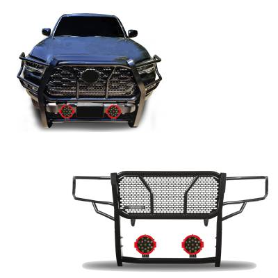 RUGGED Heavy Duty Grille Guard With Set of 7.0" Red Trim Rings LED Flood Lights-Black-2016-2023 Toyota Tacoma|Black Horse Off Road