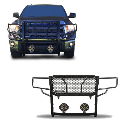 RUGGED Heavy Duty Grille Guard With Set of 7.0" Black Trim Rings LED Flood Lights-Black-Tundra/Sequoia|Black Horse Off Road