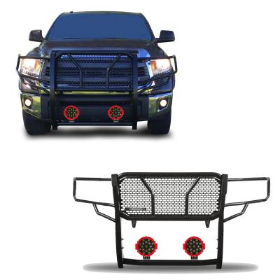 RUGGED Heavy Duty Grille Guard With Set of 7.0" Red Trim Rings LED Flood Lights-Black-Tundra/Sequoia|Black Horse Off Road