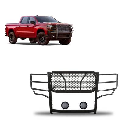 RUGGED Heavy Duty Grille Guard With Set of 5.3".Black Trim Rings LED Flood Lights-Black-2019-2024 Chevrolet Silverado 1500|Black Horse Off Road