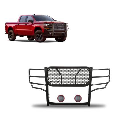 RUGGED Heavy Duty Grille Guard With Set of 5.3" Red Trim Rings LED Flood Lights-Black-2019-2024 Chevrolet Silverado 1500|Black Horse Off Road