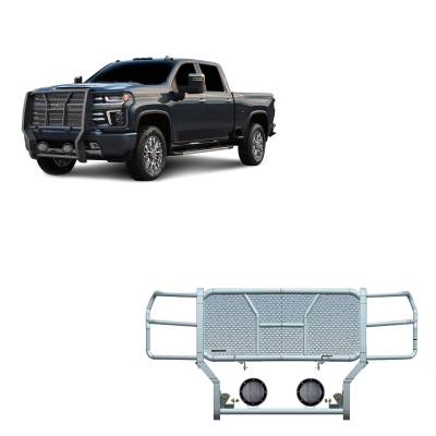 RUGGED Heavy Duty Grille Guard With Set of 5.3".Black Trim Rings LED Flood Lights-Black-Silverado 3500 HD/Silverado 2500 HD|Black Horse Off Road