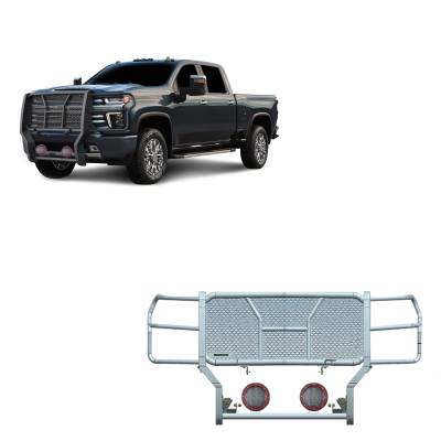 RUGGED Heavy Duty Grille Guard With Set of 5.3" Red Trim Rings LED Flood Lights-Black-Silverado 3500 HD/Silverado 2500 HD|Black Horse Off Road