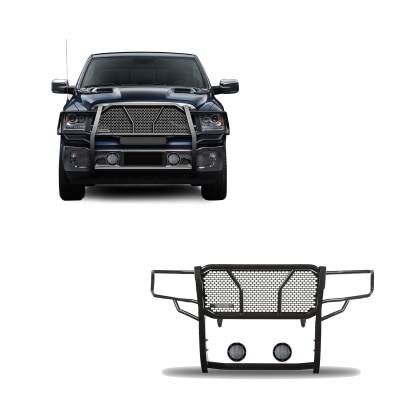 RUGGED Heavy Duty Grille Guard With Set of 5.3".Black Trim Rings LED Flood Lights-Black-1500 Classic/1500/Ram 1500|Black Horse Off Road