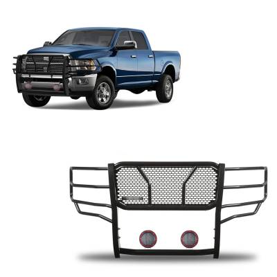 RUGGED Heavy Duty Grille Guard With Set of 5.3" Red Trim Rings LED Flood Lights-Black-Ram 2500/Ram 3500/2500/3500|Black Horse Off Road