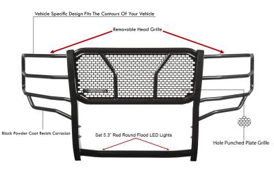 Black Horse Off Road - RUGGED Heavy Duty Grille Guard With Set of 5.3" Red Trim Rings LED Flood Lights-Black-Ram 2500/Ram 3500/2500/3500|Black Horse Off Road - Image 5