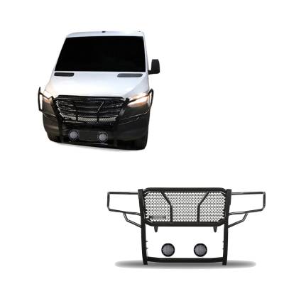 RUGGED Heavy Duty Grille Guard With Set of 5.3".Black Trim Rings LED Flood Lights-Black-Dodge,Mercedes and Freightliner Sprinter|Black Horse Off Road