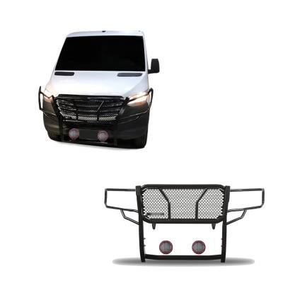 RUGGED Heavy Duty Grille Guard With Set of 5.3" Red Trim Rings LED Flood Lights-Black-Dodge,Mercedes and Freightliner Sprinter|Black Horse Off Road