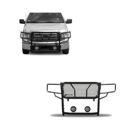 RUGGED Heavy Duty Grille Guard With Set of 5.3".Black Trim Rings LED Flood Lights-Black-2009-2014 Ford F-150|Black Horse Off Road