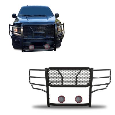 RUGGED Heavy Duty Grille Guard With Set of 5.3" Red Trim Rings LED Flood Lights-Black-2015-2020 Ford F-150|Black Horse Off Road