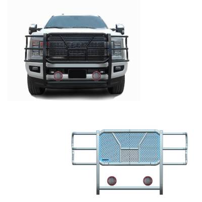 RUGGED Heavy Duty Grille Guard With Set of 5.3" Red Trim Rings LED Flood Lights-Black-F-250/F-350/F-450/F-550 SD|Black Horse Off Road