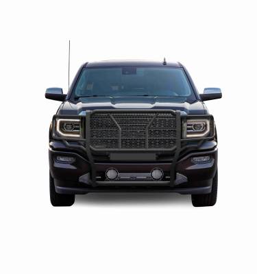 Black Horse Off Road - RUGGED Heavy Duty Grille Guard With Set of 5.3".Black Trim Rings LED Flood Lights-Black-Sierra 1500/Sierra 1500 Limited|Black Horse Off Road - Image 2