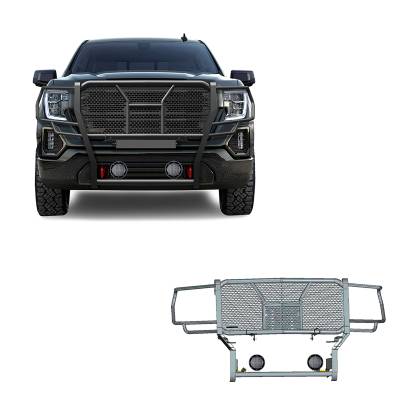 RUGGED Heavy Duty Grille Guard With Set of 5.3".Black Trim Rings LED Flood Lights-Black-2019-2021 GMC Sierra 1500|Black Horse Off Road