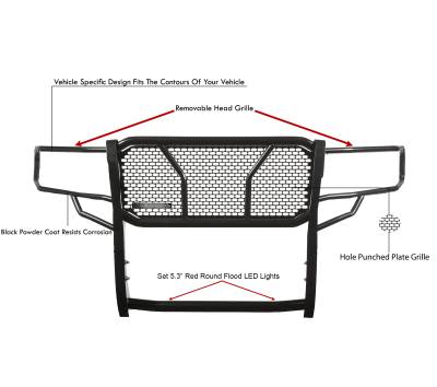 Black Horse Off Road - RUGGED Heavy Duty Grille Guard With Set of 5.3" Red Trim Rings LED Flood Lights-Black-Sierra 2500 HD/Sierra 3500 HD|Black Horse Off Road - Image 8