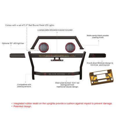 Black Horse Off Road - RAMBLER MODULAR Grille Guard With Set of 5.3" Red Trim Rings LED Flood Lights and 30" LED Bar Single Row-Black-2023-2024 Colorado And Canyon| Black Horse Off Road - Image 5