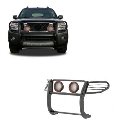 Grille Guard With Set of 5.3" Red Trim Rings LED Flood Lights-Black-Frontier/Pathfinder|Black Horse Off Road