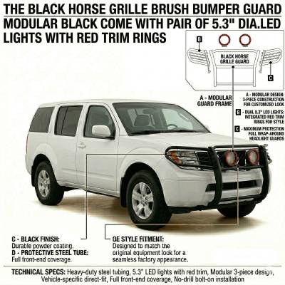 Black Horse Off Road - Grille Guard With Set of 5.3" Red Trim Rings LED Flood Lights-Black-Frontier/Pathfinder|Black Horse Off Road - Image 3