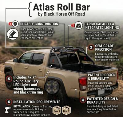 Black Horse Off Road - Atlas Roll Bar With Set of 7" Black Round LED Light-Black-2015-2026 Toyota Tacoma|Black Horse Off Road - Image 14