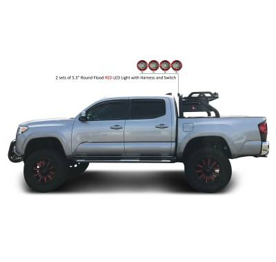 Atlas Roll Bar With Set of 5.3" Red Round LED Light-Black-2015-2026 Toyota Tacoma|Black Horse Off Road