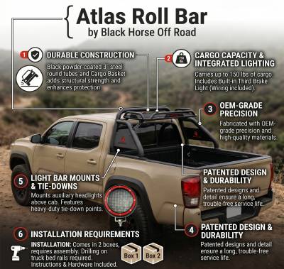 Black Horse Off Road - Atlas Roll Bar With Set of 5.3" Red Round LED Light-Black-2015-2026 Toyota Tacoma|Black Horse Off Road - Image 17
