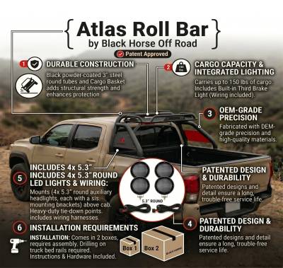 Black Horse Off Road - Atlas Roll Bar With Set of 5.3" Black Round LED Light-Black-2015-2026 Toyota Tacoma|Black Horse Off Road - Image 16