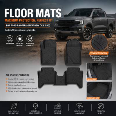 Black Horse Off Road - Black Horse TOTALINER Heavy Duty Floor Mats , Precisely Molded Anti-Skid All-Weather Floor Liner Set, Black fits 2024-2026 Ford Ranger Super Crew Cab - Image 3