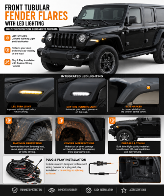 Black Horse Off Road - Front & Rear Tubular Fender Flares-Matte Black-2018-2026 Jeep Wrangler|Black Horse Off Road - Image 4