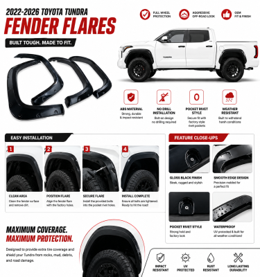 Black Horse Off Road - FENDER FLARES RIVETED Style-Black-2022-2026 Toyota Tundra|Black Horse Off Road - Image 6