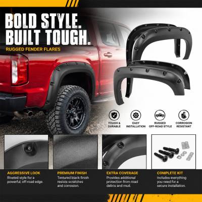 Black Horse Off Road - FENDER FLARES RIVETED Style-Black-2015-2022 Chevrolet Colorado Crew Cab Short  Bed 5ft 2in|Black Horse Off Road - Image 4
