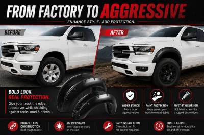 Black Horse Off Road - FENDER FLARES RIVETED Style-Black-2019-2023 Ram 1500 Crew Cab 67 / 76 inches/2019-2023 Ram 1500 Extended Cab 67 / 76 inches|Black Horse Off Road - Image 10