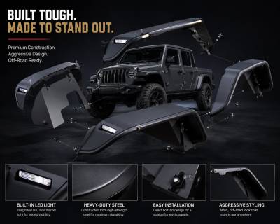 Black Horse Off Road - Full Set Tubular Fender Flares - Front & Rear-Matte Black-2020-2026 Jeep Gladiator|Black Horse Off Road - Image 4