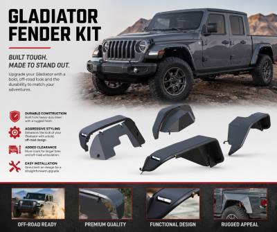Black Horse Off Road - Full Set Tubular Fender Flares & Inner Fender Flares Liners - Front & Rear-Matte Black-2020-2026 Jeep Gladiator|Black Horse Off Road - Image 8