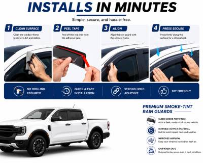Black Horse Off Road - Black Horse Off Road [BHOR] |Tape On Rain Guard/Wind Deflectors|2019-2024 Ford Ranger Crew Cab|Smoke,4Pcs|#140387 - Image 8