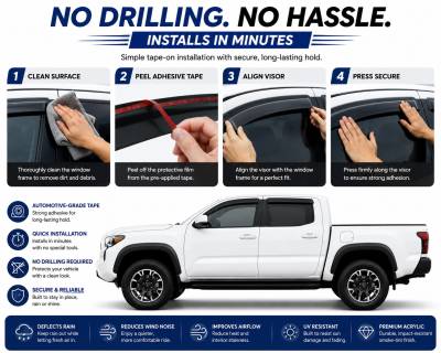 Black Horse Off Road - Black Horse Off Road [BHOR] |Tape On Rain Guard/Wind Deflectors|2016-2023 Toyota Tacoma Crew Cab|Smoke,4Pcs|#141648 - Image 4