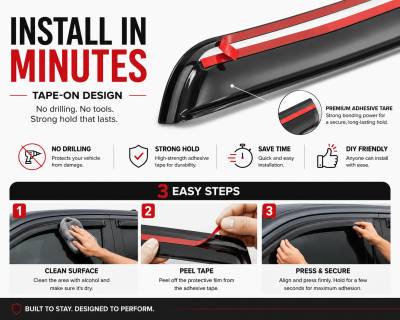 Black Horse Off Road - Black Horse Off Road [BHOR] |Tape On Rain Guard/Wind Deflectors|2007-2021 Toyota Tundra CrewMax|Smoke,4Pcs|#141657 - Image 7