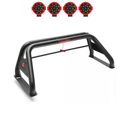 CLASSIC Roll Bar Kit-With 2 Set of 7.0".Red Trim Rings LED Flood Lights-Black-Nissan Titan, Dodge/Ram 2500/3500, Chevrolet Silverado 1500/2500 HD/3500, Ford F-150, GMC Sierra 1500/2500 HD/3500 HD, Toyota Tundra|Black Horse Off Road