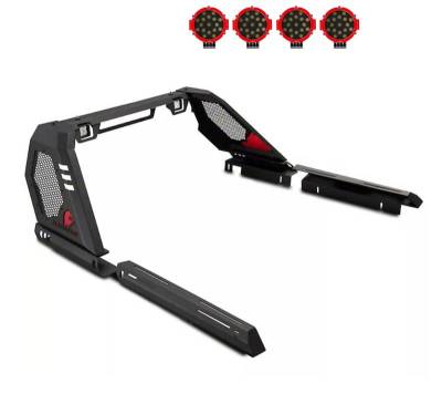 VIGOR Roll Bar Kit-With 2 Set of 7.0".Red Trim Rings LED Flood Lights-Black-2007-2026 Chevrolet Silverado 1500|2007-2026 GMC Sierra 1500|2009-2010 Dodge Ram 1500|2011-2026 Ram 1500|2009-2026 Ford F-150|2007-2026 Toyota Tundra|Black Horse Off Road