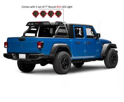 Black Horse Off Road - ATLAS Roll Bar Kit-With 2 Set of7.0".Red Trim Rings LED Flood Lights-Black-2020-2026 Jeep Gladiator|Black Horse Off Road - Image 25