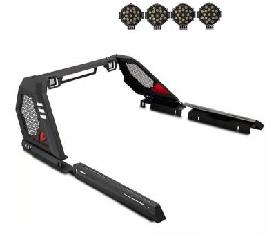 VIGOR Roll Bar Kit-With 2 Set of 7.0".Black Trim Rings LED Flood Lights-Black-2007-2026 Chevrolet Silverado 1500|2007-2026 GMC Sierra 1500|2009-2010 Dodge Ram 1500|2011-2026 Ram 1500|2009-2026 Ford F-150|2007-2026 Toyota Tundra|Black Horse Off Road