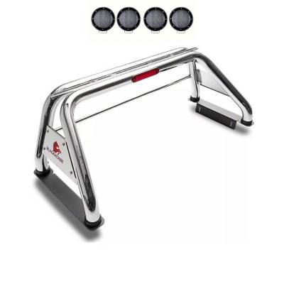 CLASSIC Roll Bar Kit-With 2 Set of 5.3" Black Trim Rings LED Flood Lights-Stainless Steel-Nissan Titan, Dodge/Ram 2500/3500, Chevrolet Silverado 1500/2500 HD/3500, Ford F-150, GMC Sierra 1500/2500 HD/3500 HD, Toyota Tundra|Black Horse Off Road