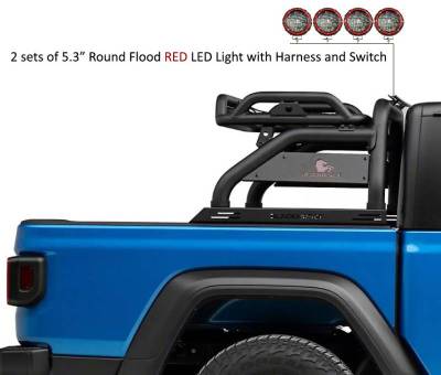 Black Horse Off Road - ATLAS Roll Bar Kit-With 2 Set of 5.3"Red Trim Rings LED Flood Lights-Black-2020-2026 Jeep Gladiator|Black Horse Off Road - Image 35