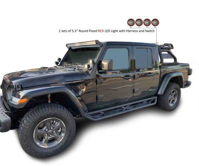 Black Horse Off Road - ATLAS Roll Bar Kit-With 2 Set of 5.3"Red Trim Rings LED Flood Lights-Black-2020-2026 Jeep Gladiator|Black Horse Off Road - Image 37