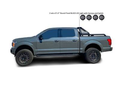 Black Horse Off Road - GLADIATOR Roll Bar Kit-With 2 Set of 5.3" Black Trim Rings LED Flood Lights-Black-Silverado/Sierra 14+,Ford F-150 15+,Dodge Ram 15+|Black Horse Off Road - Image 29